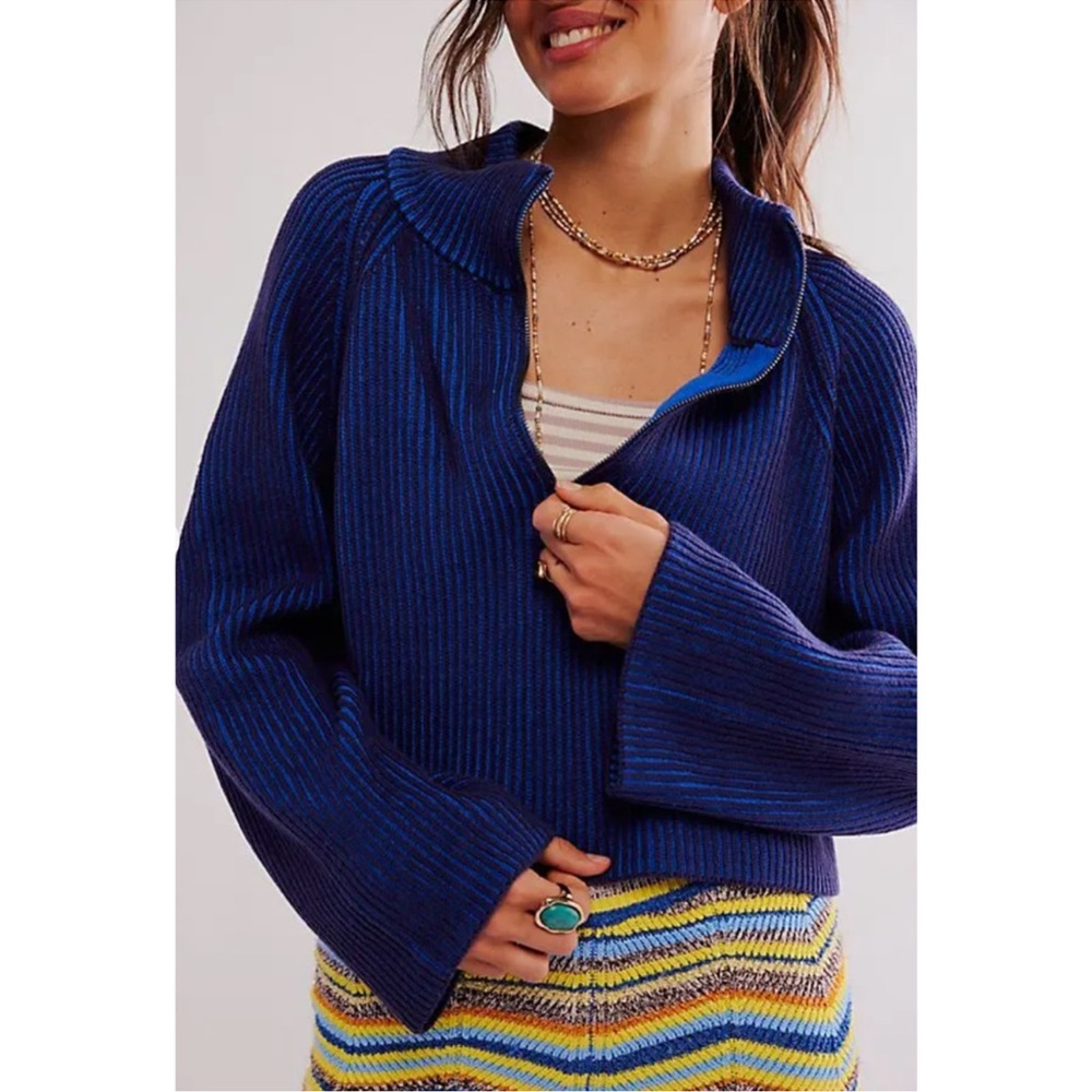NEW Free People Size Small First Place Blue Greta Half Zip Sweater Coastal Boho